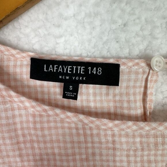 Lafayette 148 Linen Gingham Blouse Women’s Small Peach Check 3/4 Sleeve Bow Cuff - Picture 4 of 10